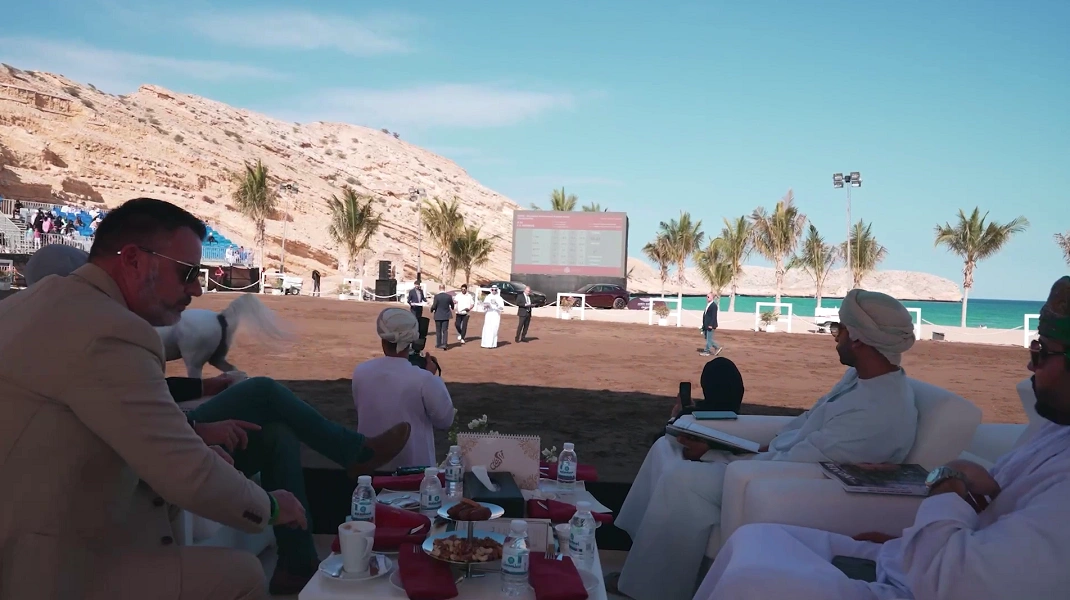 VIP majlis seating overlooking the show ring and mountains at the Alrubatiya International Arabian Horse Championship 2023, Oman