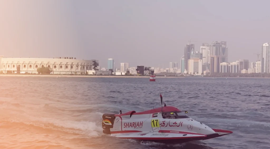 Sharjah-liveried F1H2O powerboat on the water during the Grand Prix of Sharjah, UIM F1H2O World Championship 2024