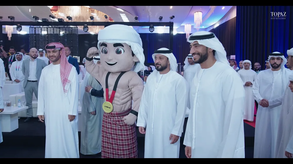 Championship mascot meeting VIP guests at the IFBB Asian Bodybuilding Championships 2025, Ajman