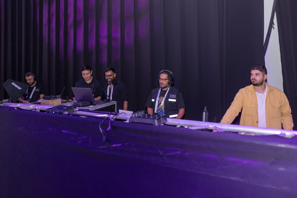 Topaz Events technical crew at the production control desk during the Quantum Innovation Summit 2026