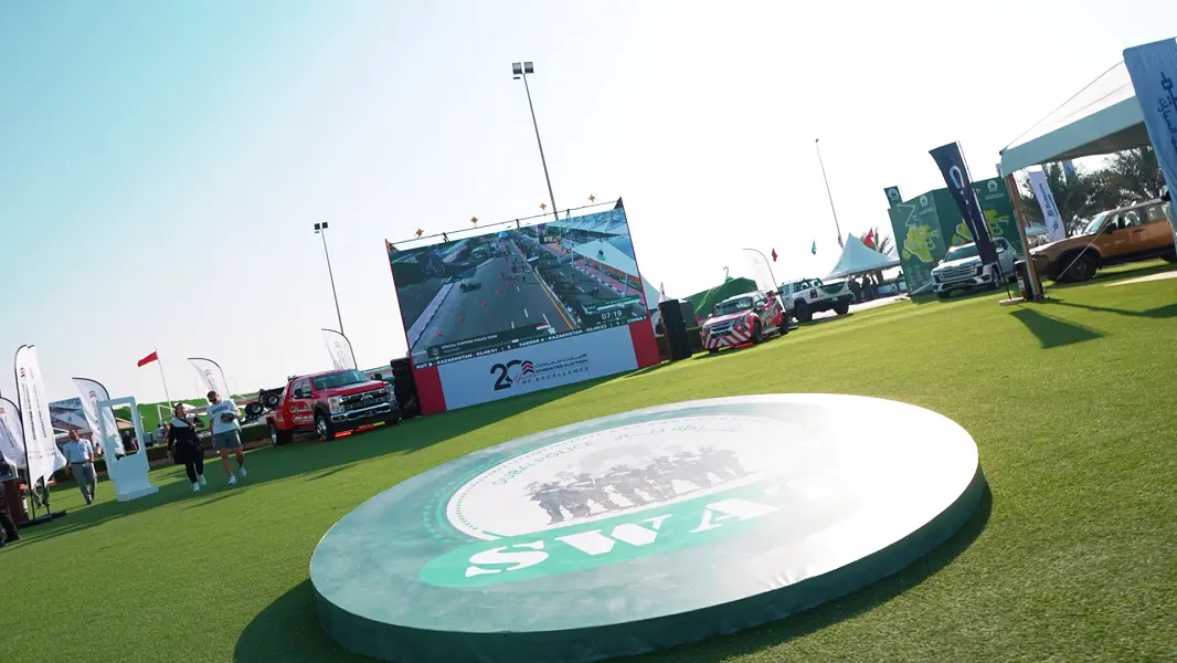 Outdoor LED screen, branded floor logo and event grounds at the UAE SWAT Challenge 2025, Dubai, powered by Topaz Events