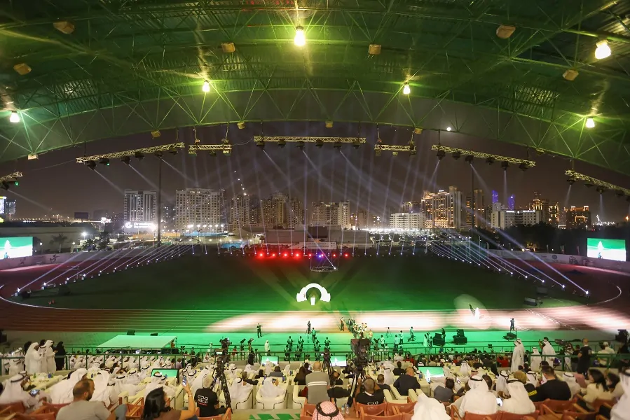 Night-time opening ceremony with beam lights at the Dubai Police Officers Club Stadium, Asian U20 Athletics Championships 2024 by Topaz Events