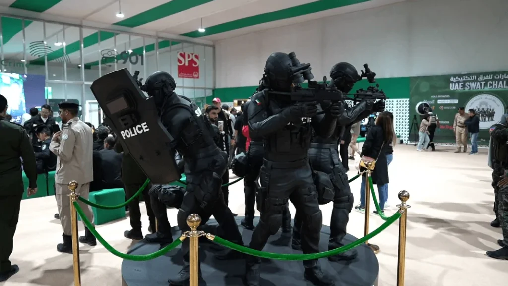 Tactical team mannequin display with police equipment at the Dubai Police SWAT Challenge 2024