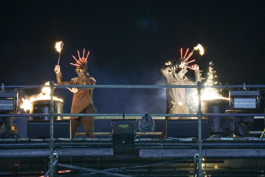 Fire performers on stage during the night show at Yuka Drive Fest Gymkhana 2025, Al Ain