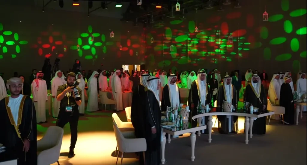 Dignitaries gathered in the VIP area under coloured gobo lighting at the Sharjah Excellence Award 2023