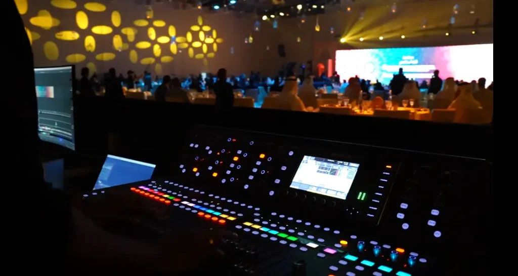Front-of-house control desk overlooking the hall and LED stage at the Sharjah Excellence Award 2023