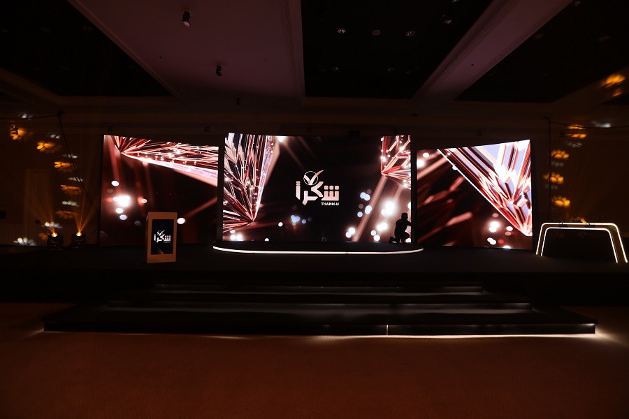 Panoramic LED stage with Shukran branding and podium at the Shukran Annual Ceremony 2024, Sharjah Broadcasting Authority