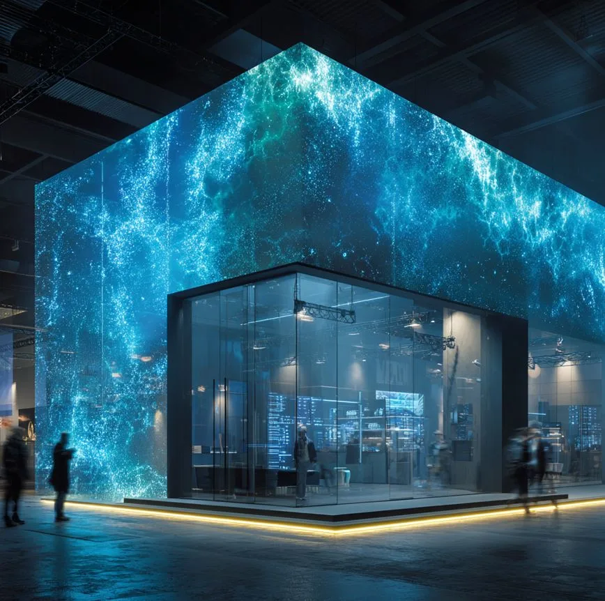 Anamorphic LED pavilion with 3D water-effect visuals spilling across its glowing walls at an exhibition