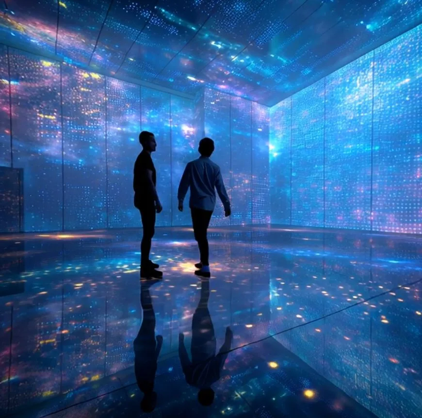 Two guests silhouetted inside an immersive room, surrounded by blue visuals on the walls and floor
