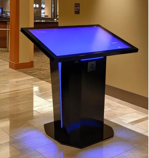 Tangible interactive table with a glowing blue touchscreen top on a black pedestal in a hotel lobby