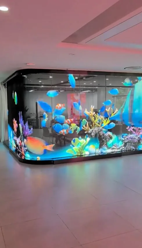 Transparent LED screen displaying a colourful aquarium scene with tropical fish and coral