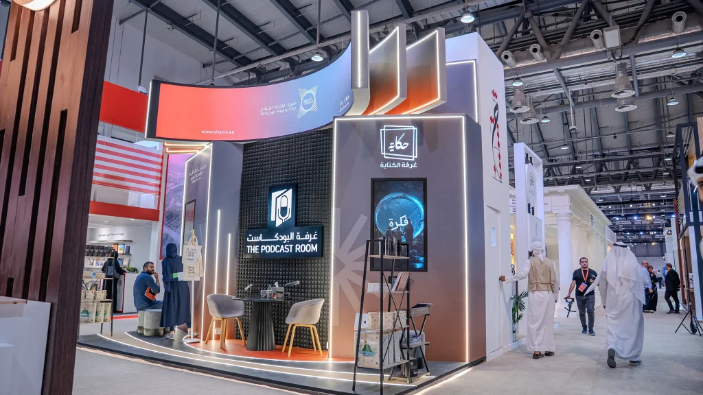 Modern exhibition stand for media brand at Sharjah Expo Centre