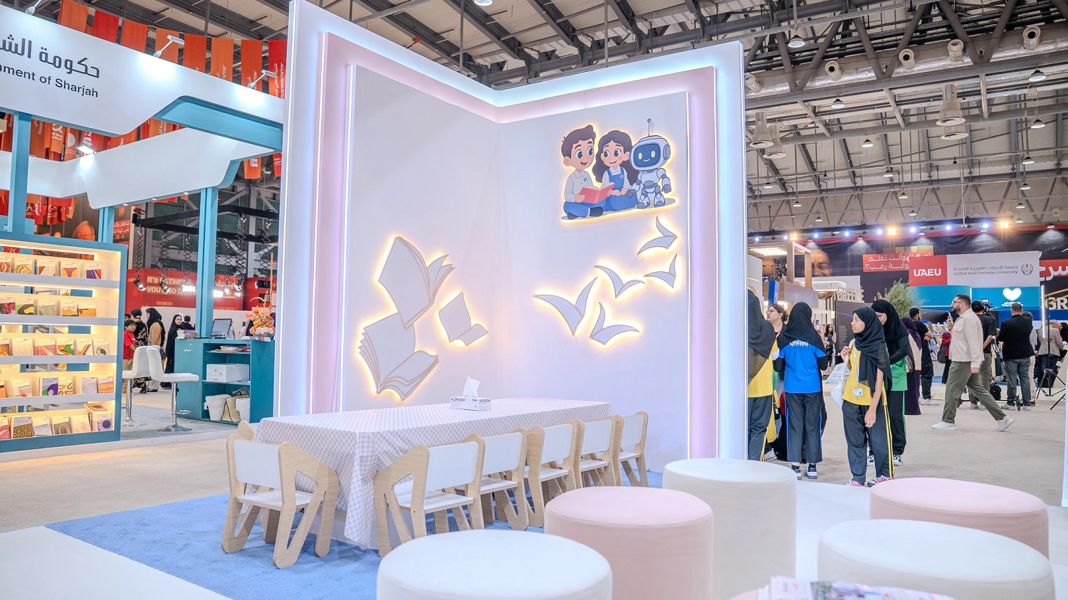 Exhibition stand designed by Topaz Events for the Sharjah Private Education Authority at Expo Centre Sharjah, featuring modern, creative, and interactive elements showcasing innovative education.