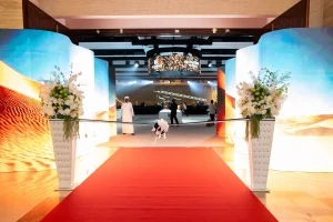 Dynamic LED screen tunnel entrance created by Topaz Events for Al Rabwa Real Estate launch.
