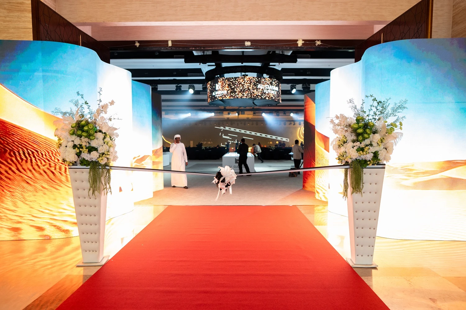 Dynamic LED screen tunnel entrance created by Topaz Events for Al Rabwa Real Estate launch.