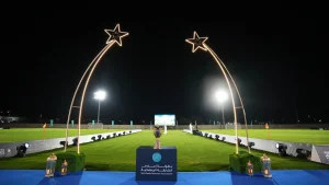 LED screens, professional AV setup, stadium lighting, and championship trophy showcased together at Sharjah Media Ramadan Football Championship