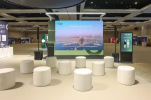 A large-scale LED screen displaying SNOC brand visuals and HSE Expo content at the exhibition stand, Al Jawaher, Sharjah — installed by Topaz Events to deliver high-impact digital storytelling and maximum audience reach throughout HSE Expo 2026.