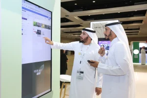 A branded AI Photo Booth station at the SNOC exhibition stand during the HSE Expo 2026, Al Jawaher, Sharjah, offering visitors an interactive and shareable digital experience as part of Topaz Events' full stand activation.