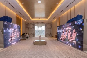 Li Auto logo displayed on large LED screens at the L9 car launch event in Dubai by Topaz Events