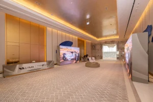 Li Auto L9 launch event registration desk with LED screens at Atlantis The Royal Dubai by Topaz Events