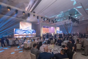 A large custom stage, LED screens and dynamic lighting created the visual focus for the Li Auto L9 launch.