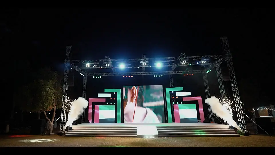 Cold-spark and CO2 effects on the LED stage during the 53rd Eid Al Etihad show at Sharjah National Park